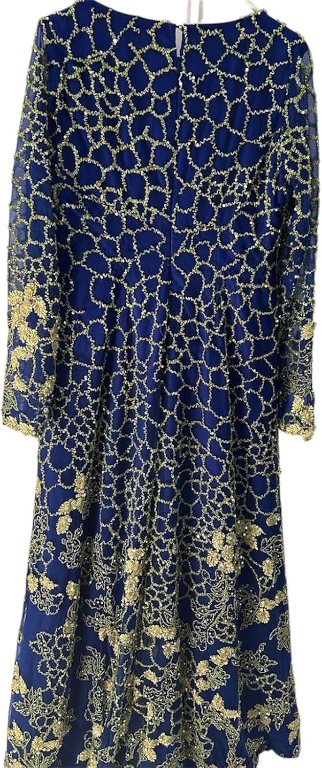 Elegant Evening Gown, Royal Blue with Green Embroidery, V-Neck Long Sleeve Formal Dress - Image 2