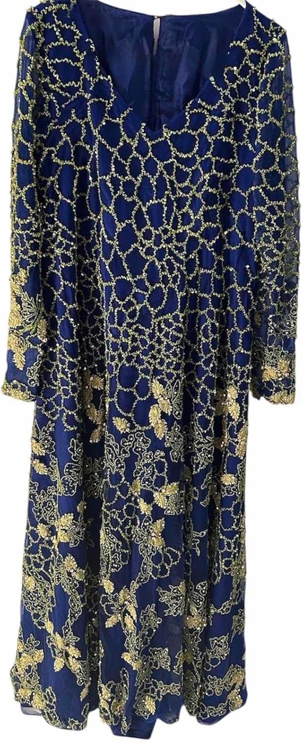 Elegant Evening Gown, Royal Blue with Green Embroidery, V-Neck Long Sleeve Formal Dress