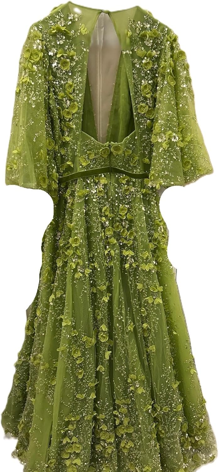 Elegant Floral Evening Dress, Lime Green with Sequins, Long Formal Gown - Image 2