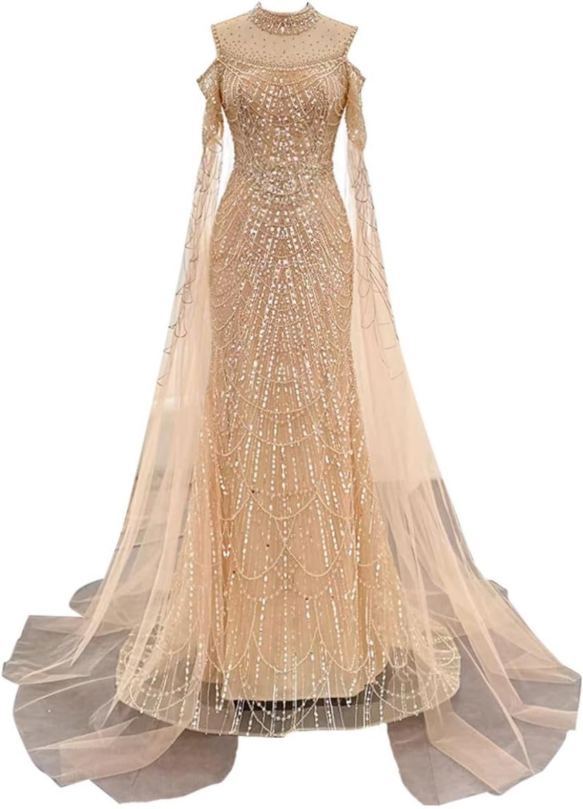 Engerla Long Sleeves Mermaid Evening Dress Luxurious Crystal Pearl Prom Dress Party Pageant Gown Sweep Train