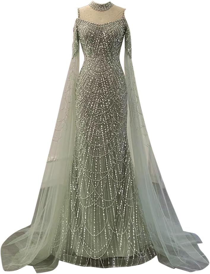 Engerla Long Sleeves Mermaid Evening Dress Luxurious Crystal Pearl Prom Dress Party Pageant Gown Sweep Train - Image 8