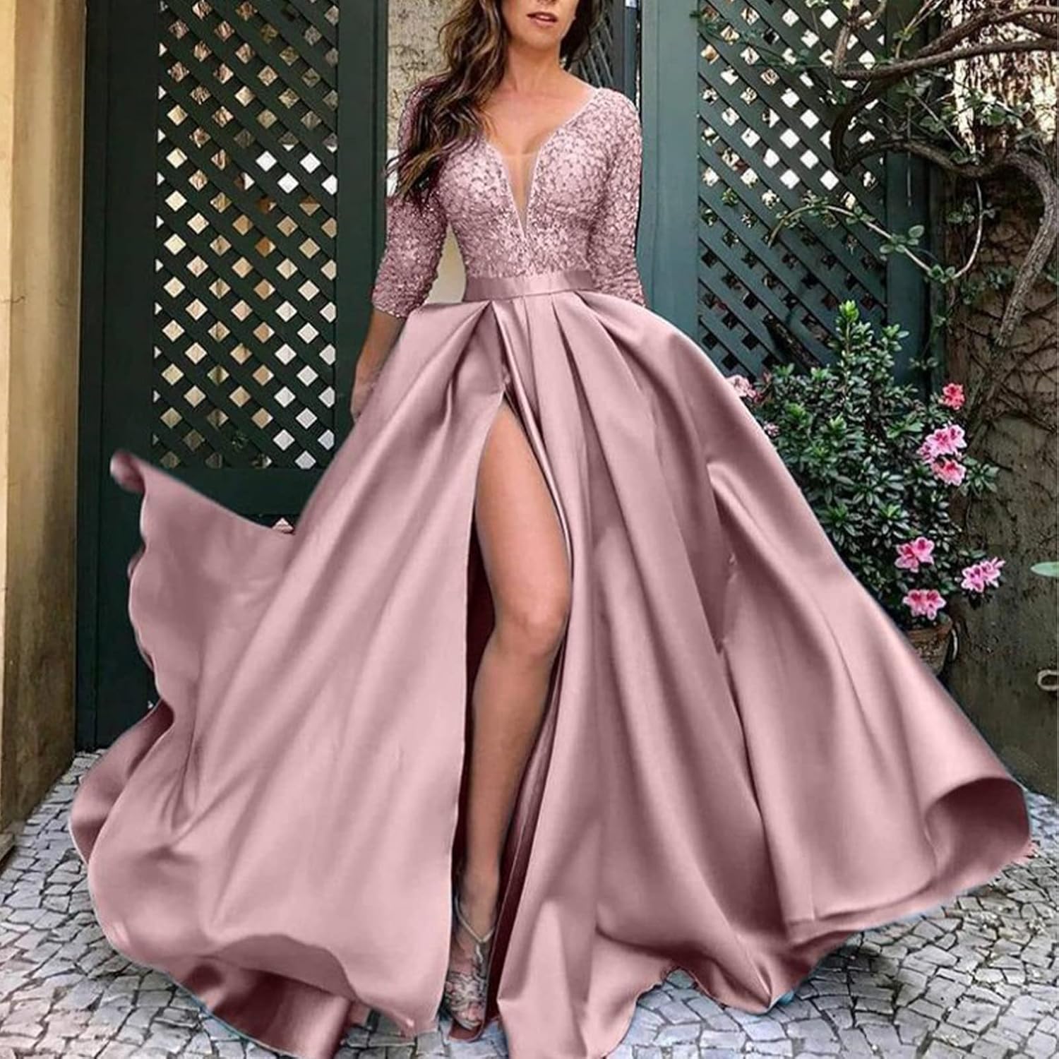 Evening Dress Women's Split Hem Long Sleeve Ball Gown Bodycon Long Dress Cocktail Party Maxi Dress Formal Occasion - Image 2