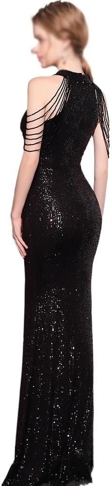 Evening Gown Ladies Banquet Light Luxury Hepburn Sequined Halter Long Dress - Image 5