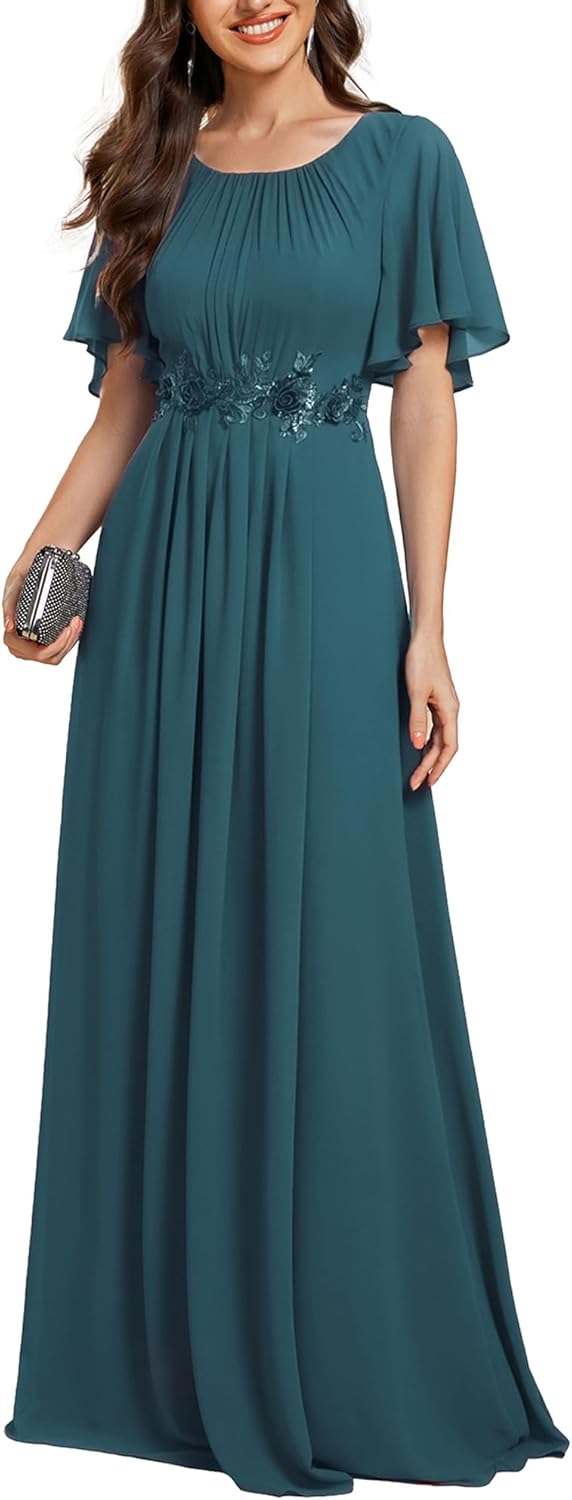 Ever-Pretty Women's Classic Round Neck Pleated Short Sleeves Chiffon Appliques Floor Length A Line Formal Evening Dresses - Image 8