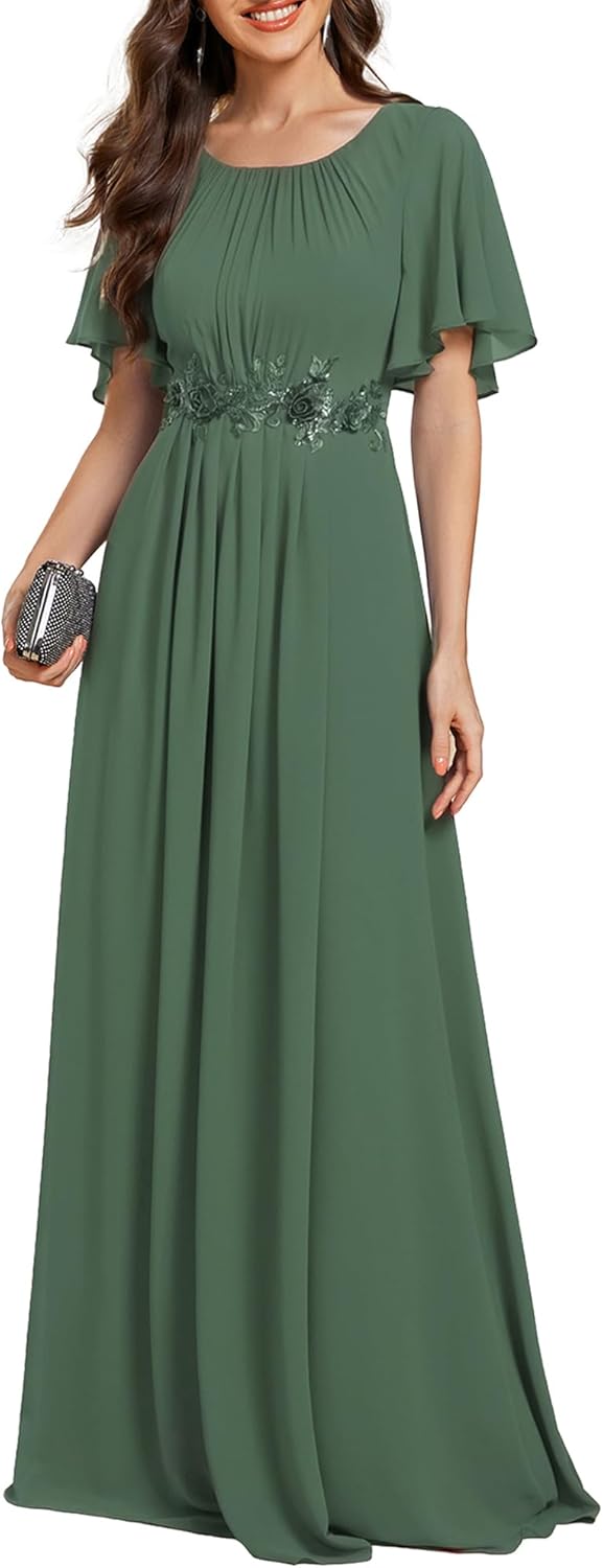 Ever-Pretty Women's Classic Round Neck Pleated Short Sleeves Chiffon Appliques Floor Length A Line Formal Evening Dresses - Image 15
