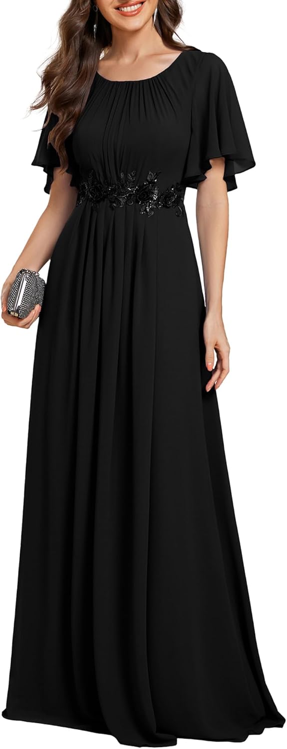 Ever-Pretty Women's Classic Round Neck Pleated Short Sleeves Chiffon Appliques Floor Length A Line Formal Evening Dresses - Image 12