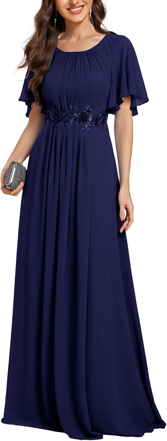 Ever-Pretty Women's Classic Round Neck Pleated Short Sleeves Chiffon Appliques Floor Length A Line Formal Evening Dresses - Image 11