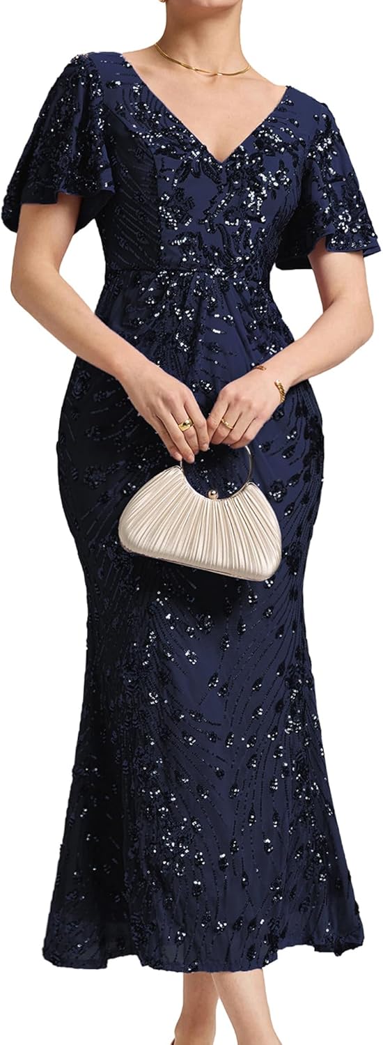 Ever-Pretty Women's Gorgeous V Neck Sequin Tulle Short Sleeves Bodycon Maxi Formal Evening Gowns 02370 - Image 13