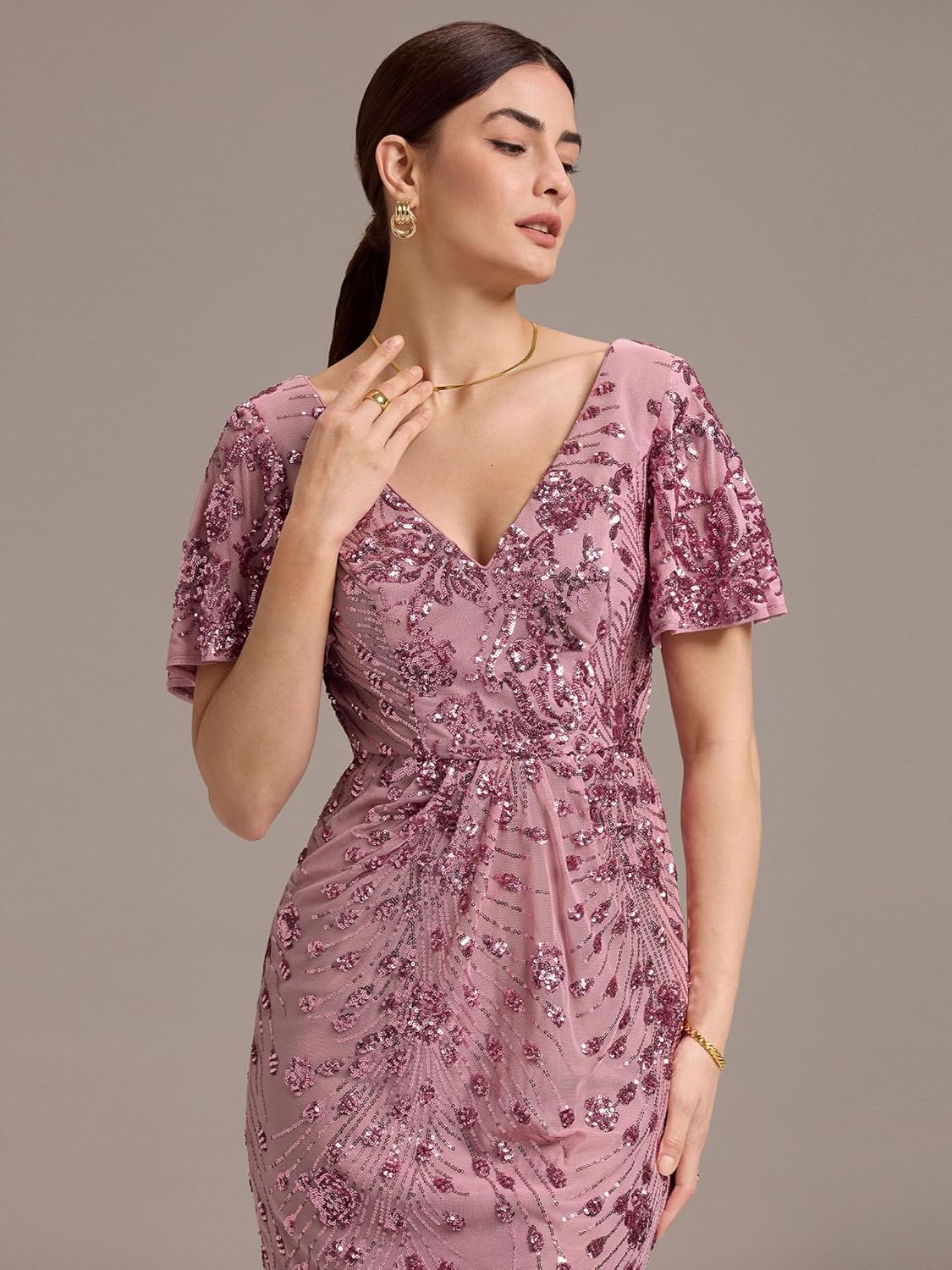 Ever-Pretty Women's Gorgeous V Neck Sequin Tulle Short Sleeves Bodycon Maxi Formal Evening Gowns 02370 - Image 5