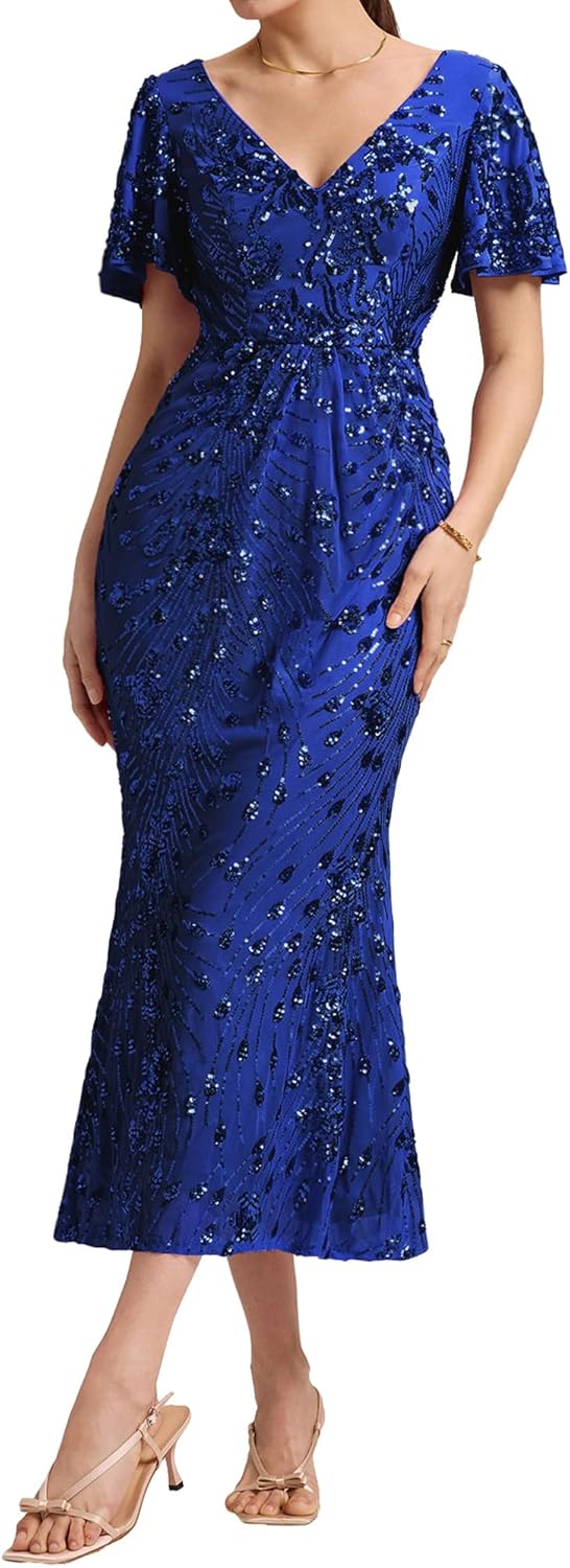 Ever-Pretty Women's Gorgeous V Neck Sequin Tulle Short Sleeves Bodycon Maxi Formal Evening Gowns 02370 - Image 10