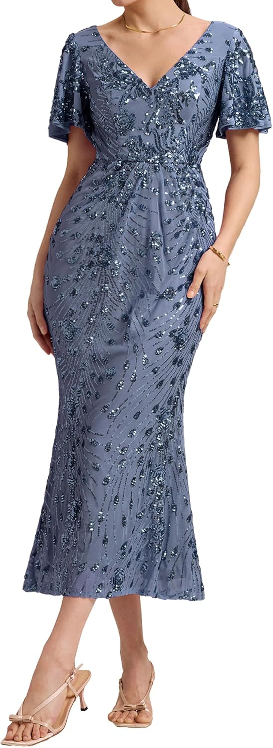 Ever-Pretty Women's Gorgeous V Neck Sequin Tulle Short Sleeves Bodycon Maxi Formal Evening Gowns 02370 - Image 12
