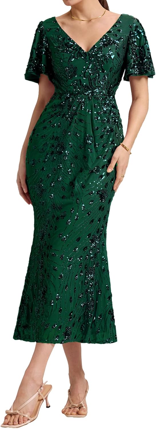 Ever-Pretty Women's Gorgeous V Neck Sequin Tulle Short Sleeves Bodycon Maxi Formal Evening Gowns 02370 - Image 8