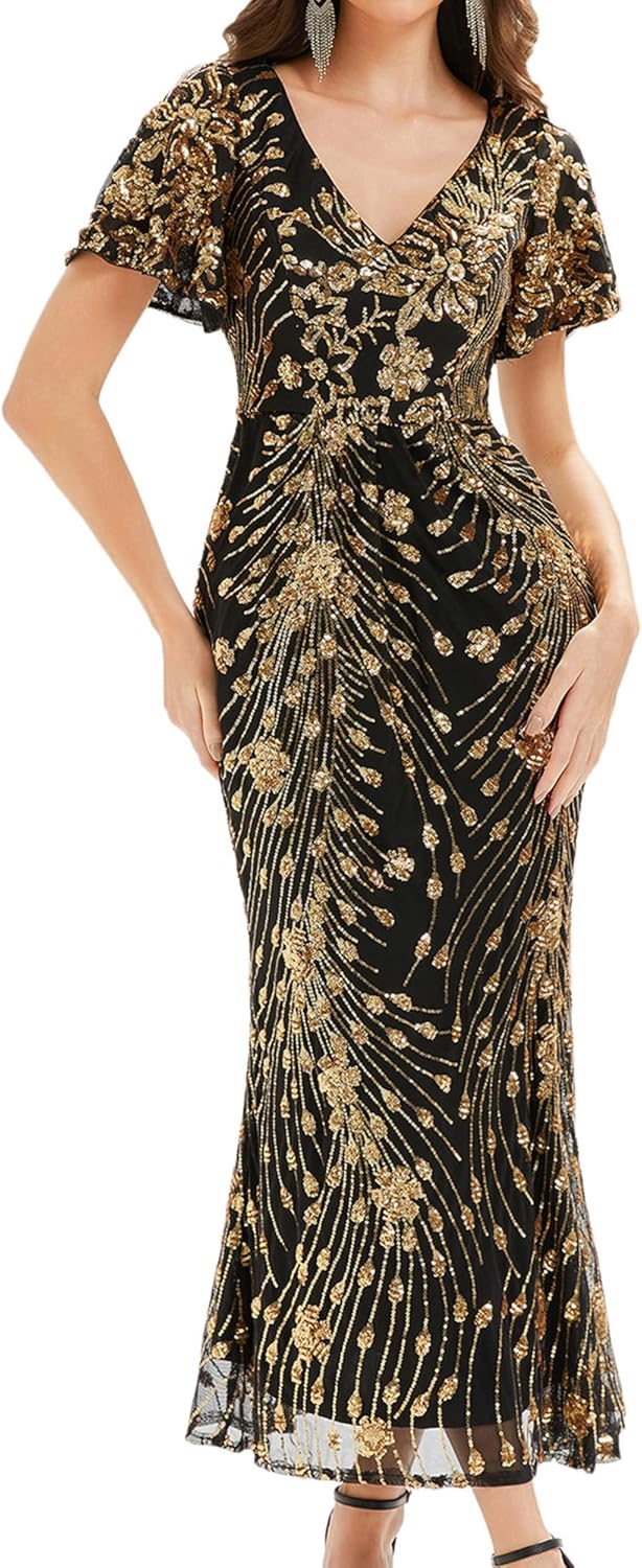 Ever-Pretty Women's Gorgeous V Neck Sequin Tulle Short Sleeves Bodycon Maxi Formal Evening Gowns 02370 - Image 7