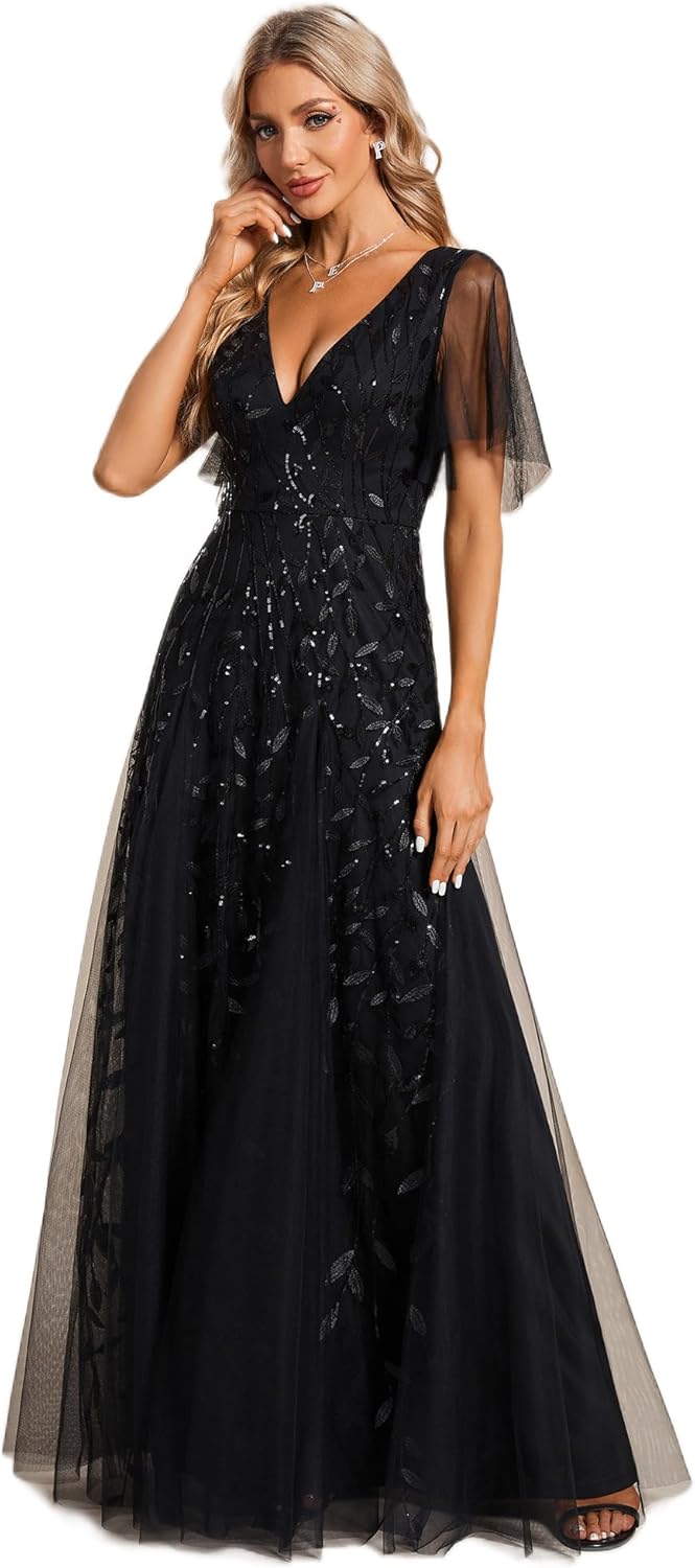 Ever-Pretty Women's Sequin Sparkly V-Neck Short Sleeve A-Line Floor Length Evening Dress 00734