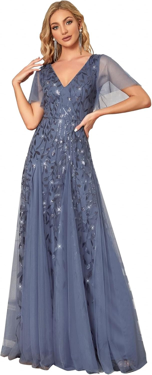 Ever-Pretty Women's Sequin Sparkly V-Neck Short Sleeve A-Line Floor Length Evening Dress 00734 - Image 19