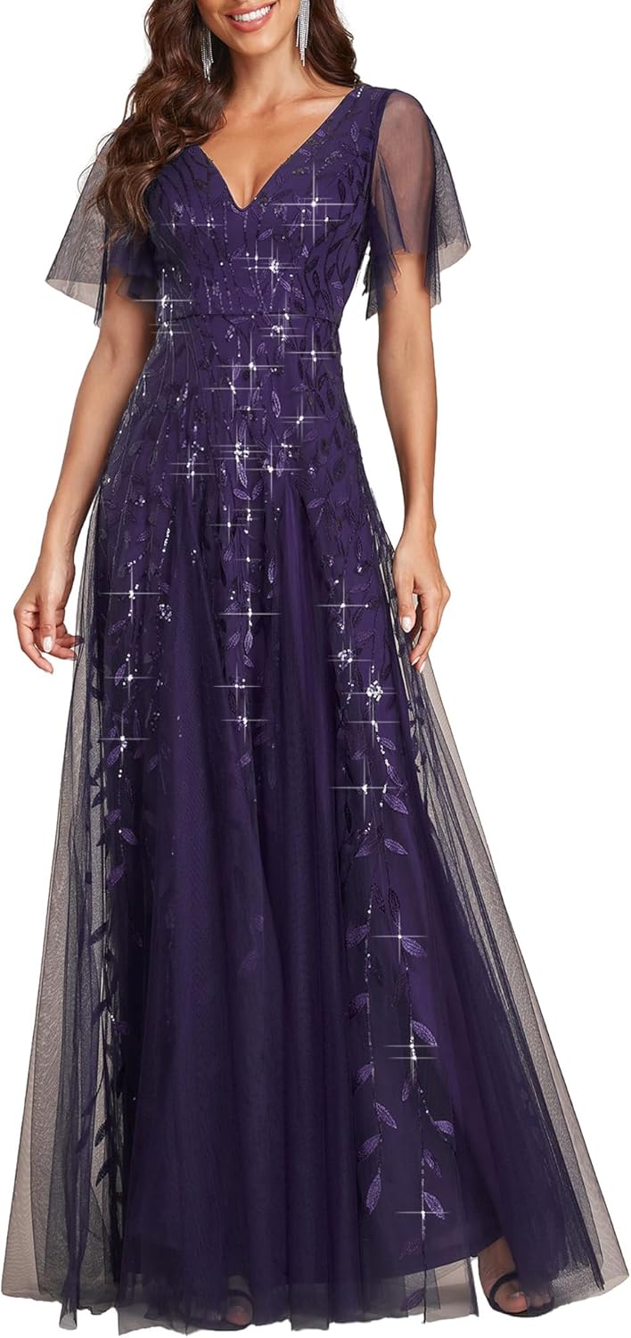 Ever-Pretty Women's Sequin Sparkly V-Neck Short Sleeve A-Line Floor Length Evening Dress 00734 - Image 15