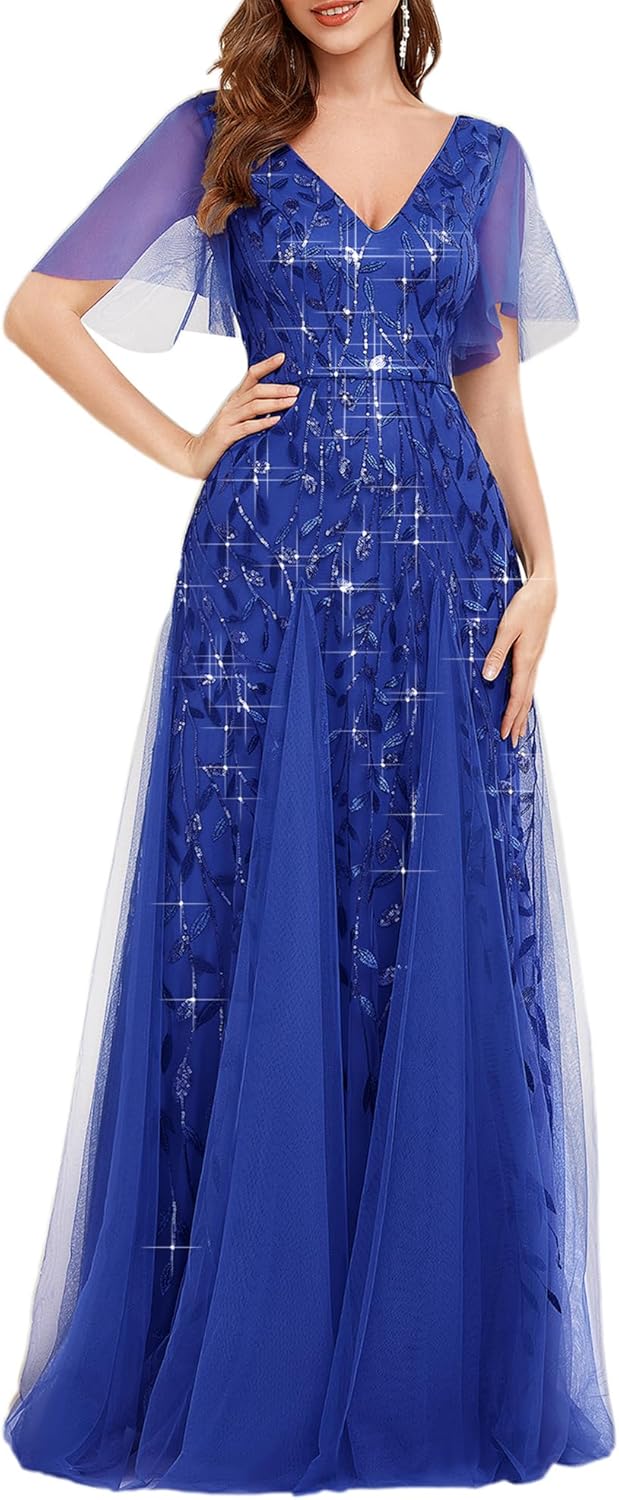 Ever-Pretty Women's Sequin Sparkly V-Neck Short Sleeve A-Line Floor Length Evening Dress 00734 - Image 14