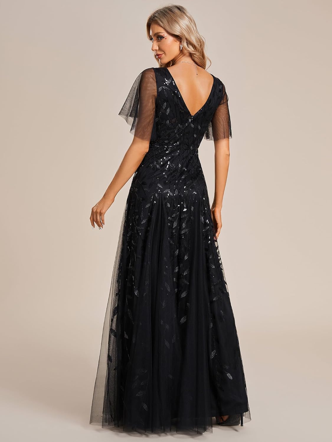 Ever-Pretty Women's Sequin Sparkly V-Neck Short Sleeve A-Line Floor Length Evening Dress 00734 - Image 2