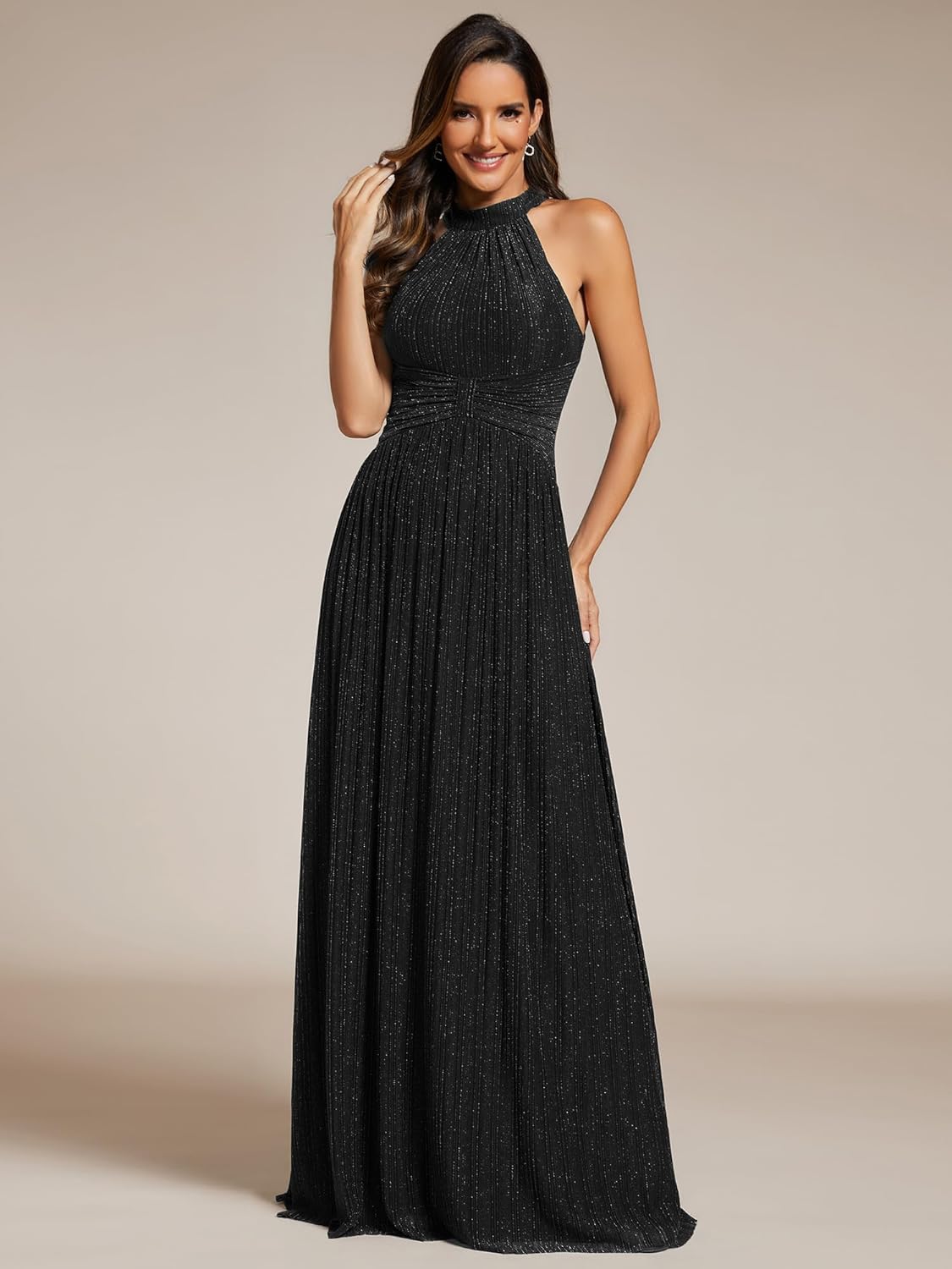 Ever-Pretty Women's Sexy Halter Sleeveless Pletaed Floor Length Glitter Evening Formal Dress 41961 - Image 3