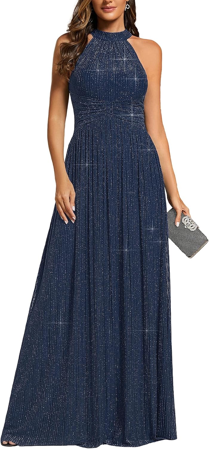 Ever-Pretty Women's Sexy Halter Sleeveless Pletaed Floor Length Glitter Evening Formal Dress 41961 - Image 10