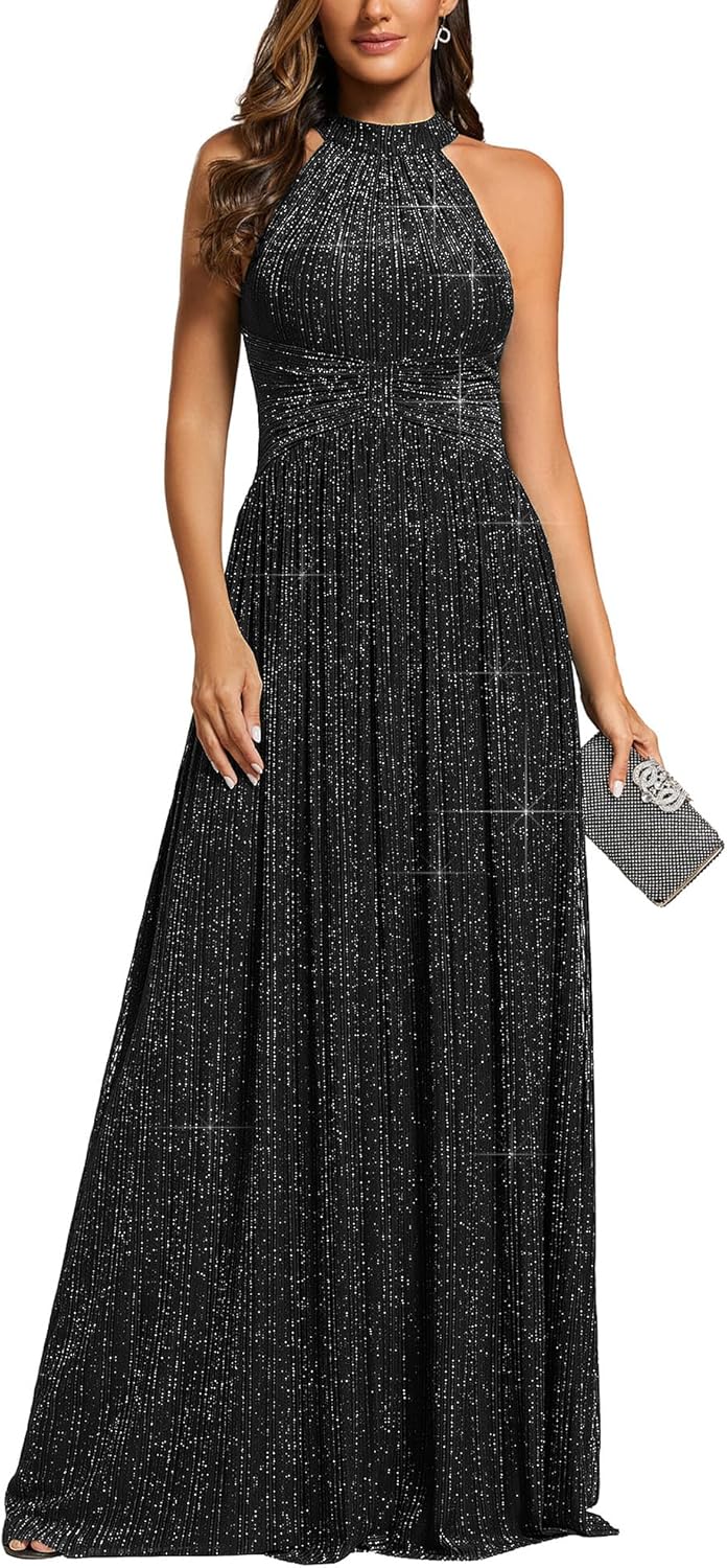 Ever-Pretty Women's Sexy Halter Sleeveless Pletaed Floor Length Glitter Evening Formal Dress 41961