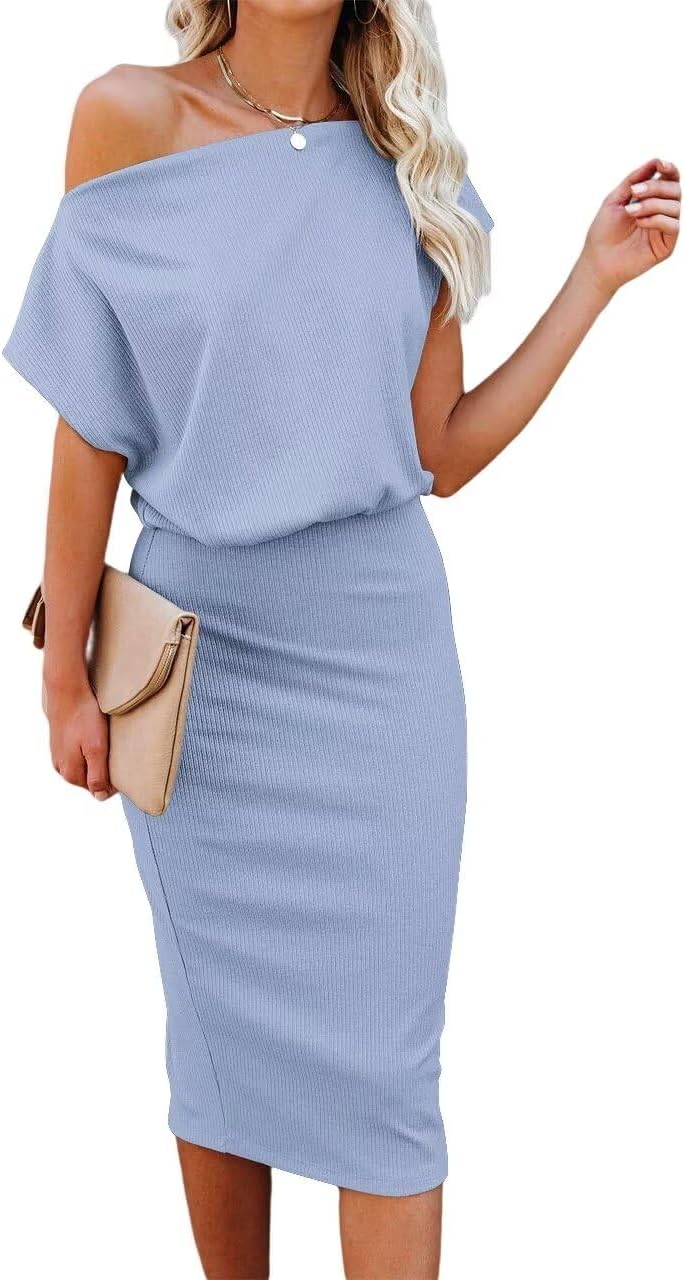 Ezbelle Women's 2025 Summer Dress Off The Shoulder Short Sleeve Ribbed Casual Party Bodycon Midi Dresses - Image 14