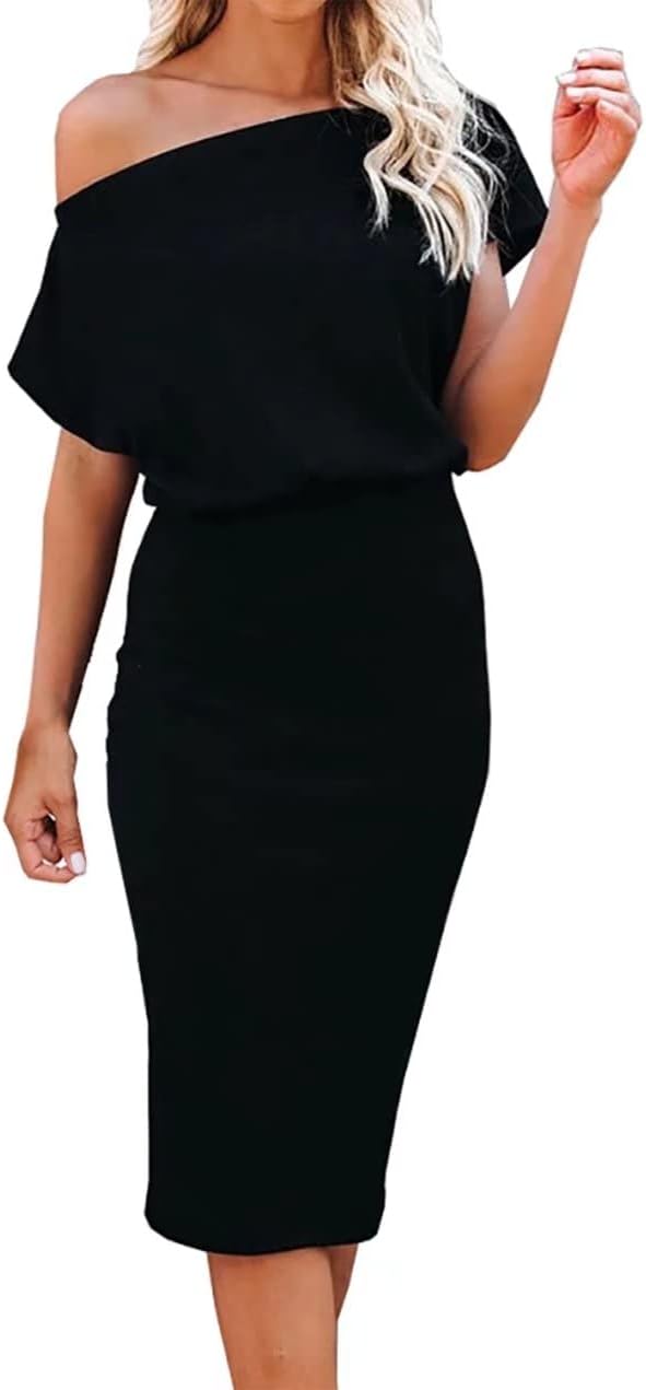 Ezbelle Women's 2025 Summer Dress Off The Shoulder Short Sleeve Ribbed Casual Party Bodycon Midi Dresses