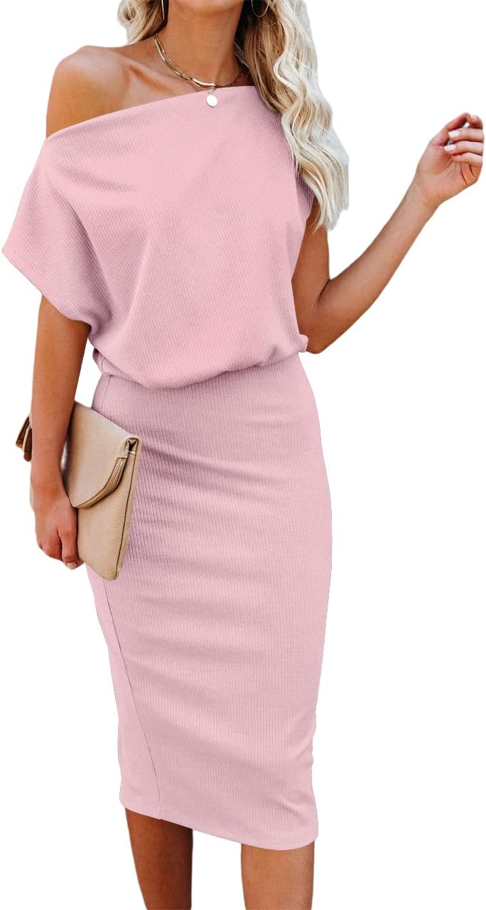 Ezbelle Women's 2025 Summer Dress Off The Shoulder Short Sleeve Ribbed Casual Party Bodycon Midi Dresses - Image 21