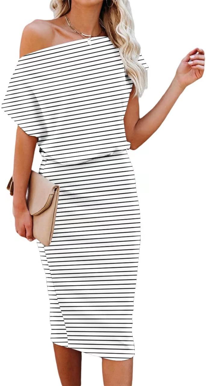 Ezbelle Women's 2025 Summer Dress Off The Shoulder Short Sleeve Ribbed Casual Party Bodycon Midi Dresses - Image 10