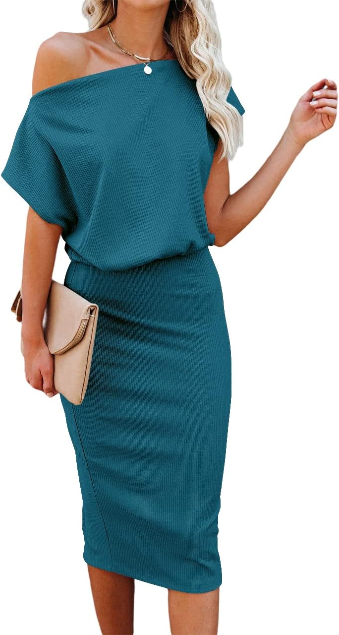 Ezbelle Women's 2025 Summer Dress Off The Shoulder Short Sleeve Ribbed Casual Party Bodycon Midi Dresses - Image 9