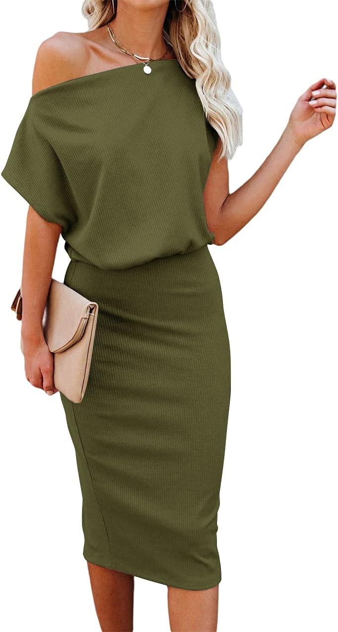 Ezbelle Women's 2025 Summer Dress Off The Shoulder Short Sleeve Ribbed Casual Party Bodycon Midi Dresses - Image 20