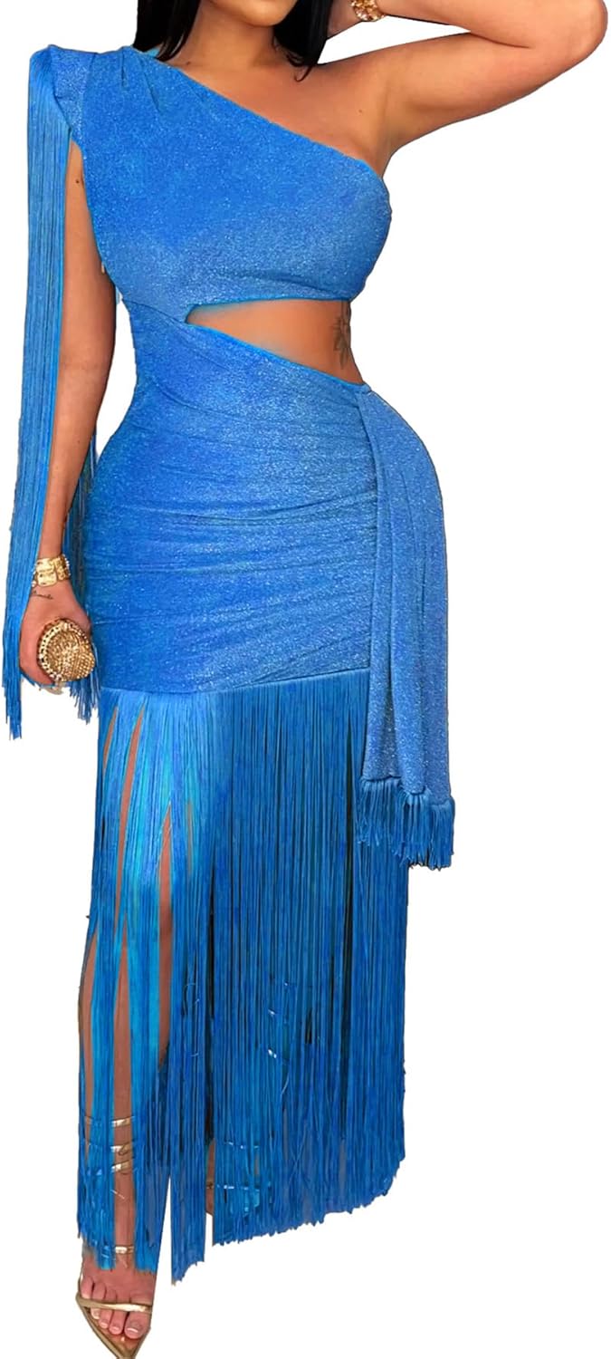 Geulis Womens Sexy Wedding Guest Dress Elegant One Shlouder Fringe Dress Flowy Bodycon Sparkly Glitter Evening Dresses - Image 7
