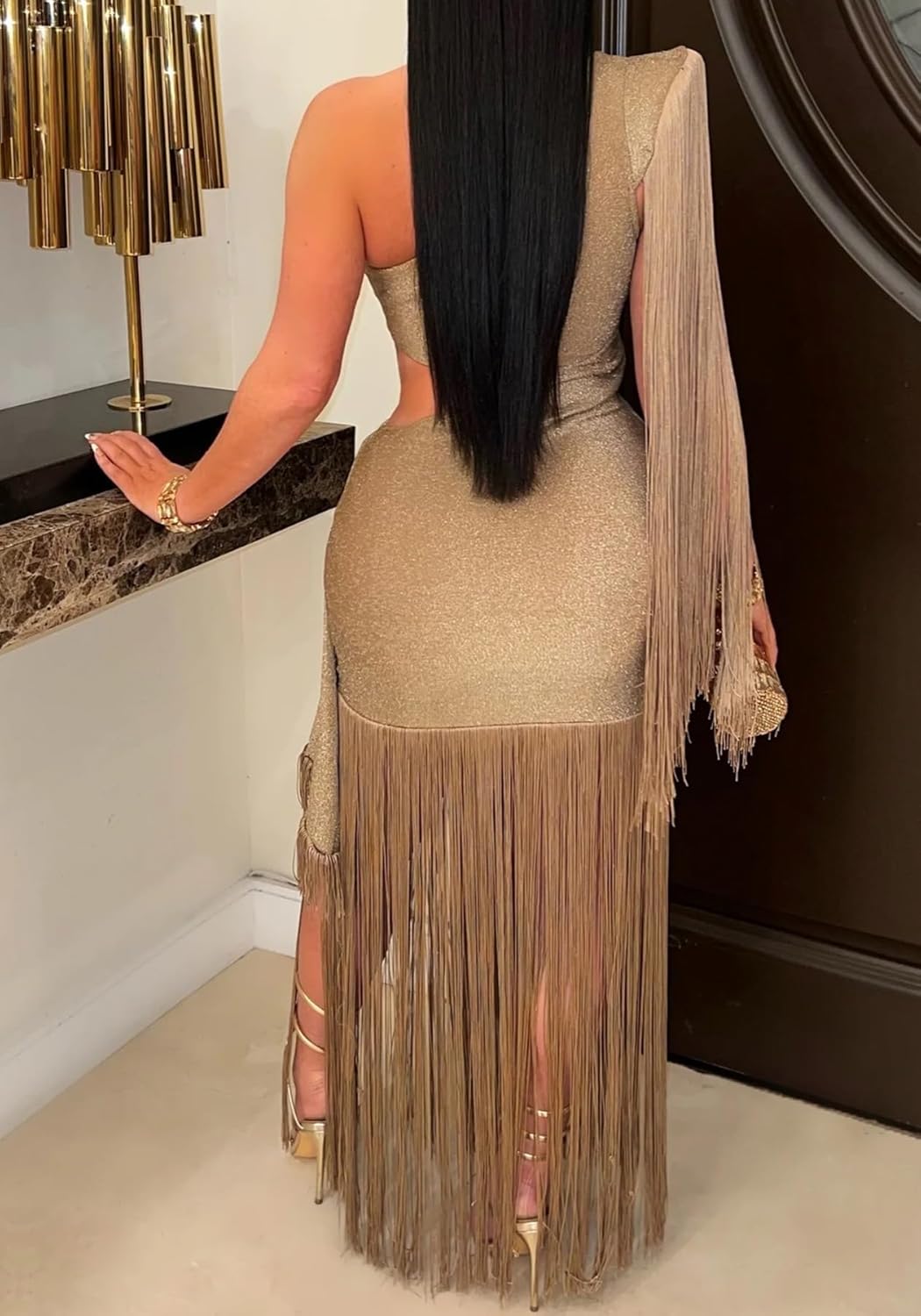 Geulis Womens Sexy Wedding Guest Dress Elegant One Shlouder Fringe Dress Flowy Bodycon Sparkly Glitter Evening Dresses - Image 5