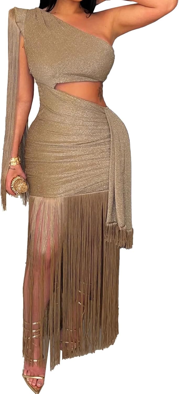 Geulis Womens Sexy Wedding Guest Dress Elegant One Shlouder Fringe Dress Flowy Bodycon Sparkly Glitter Evening Dresses