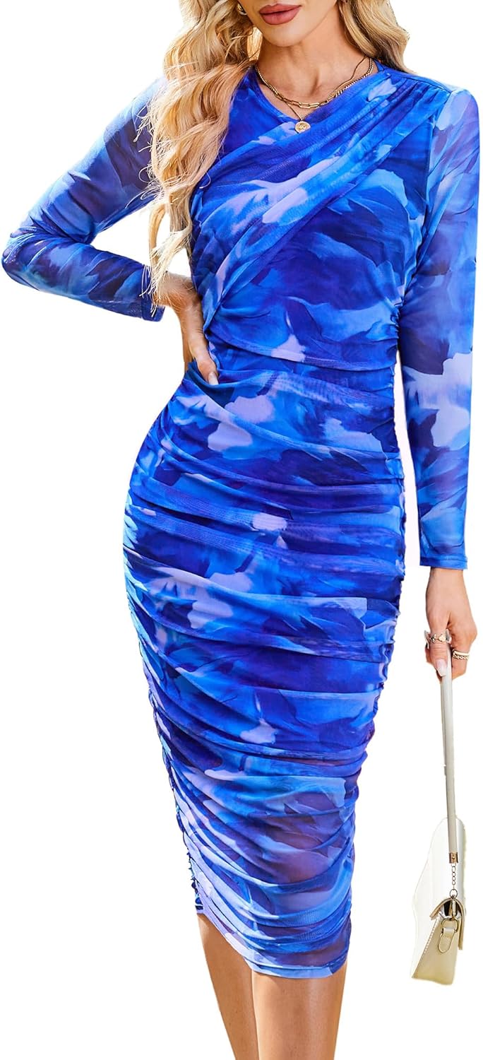 GRACE KARIN Women's Ruched Wrap Bodycon Dresses Mesh Print Fall Formal Midi Dress Long Sleeve Fitted Tight Party Club Dress - Image 10