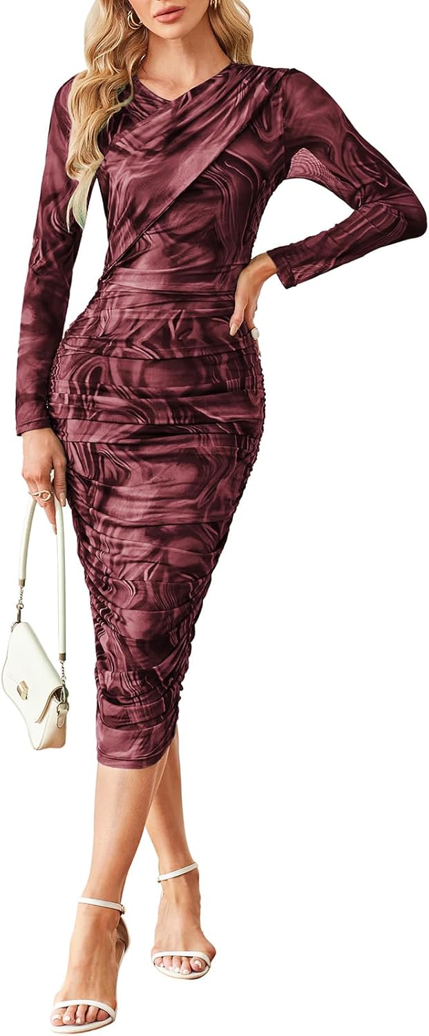 GRACE KARIN Women's Ruched Wrap Bodycon Dresses Mesh Print Fall Formal Midi Dress Long Sleeve Fitted Tight Party Club Dress - Image 6