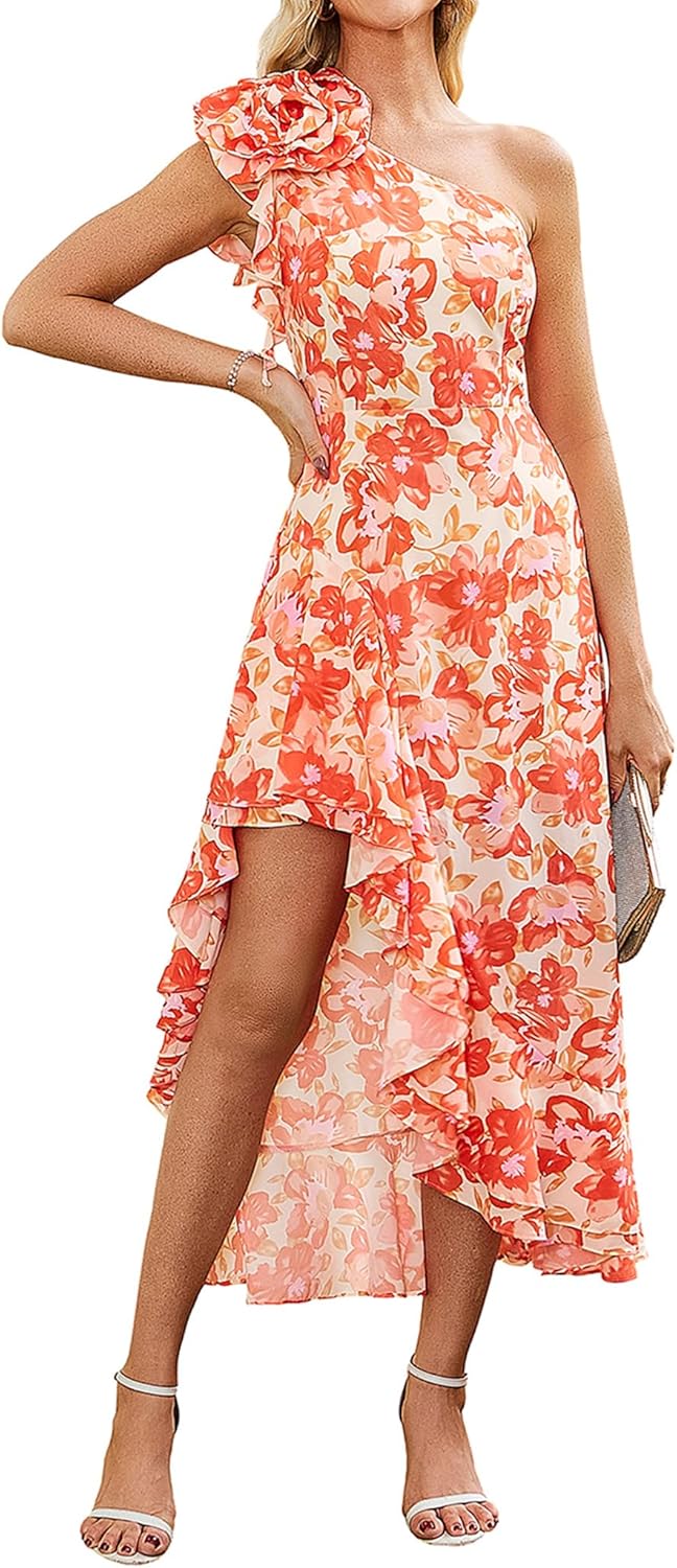 GRACE KARIN Womens Summer One Shoulder Sleeveless Dresses Floral Flowy Ruffle High Low Wedding Guest Maxi Sundresses - Image 17
