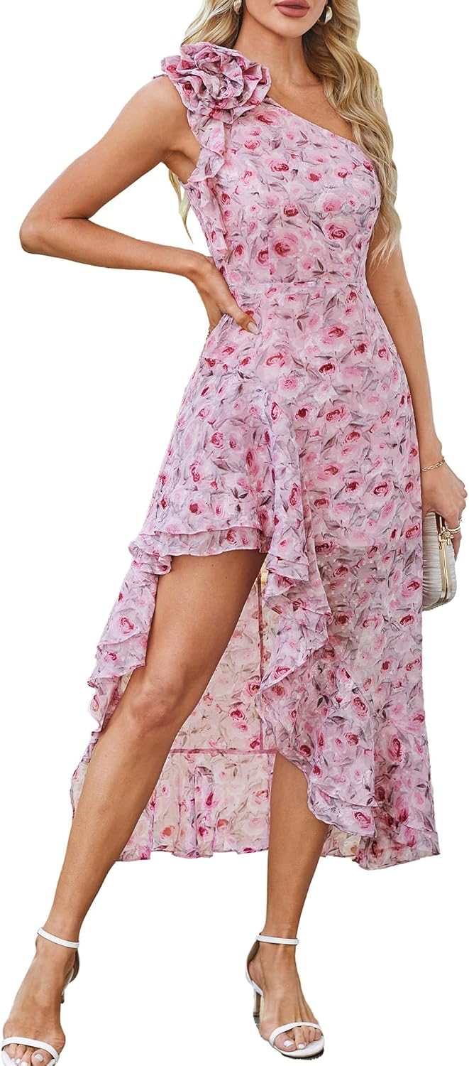GRACE KARIN Womens Summer One Shoulder Sleeveless Dresses Floral Flowy Ruffle High Low Wedding Guest Maxi Sundresses - Image 19