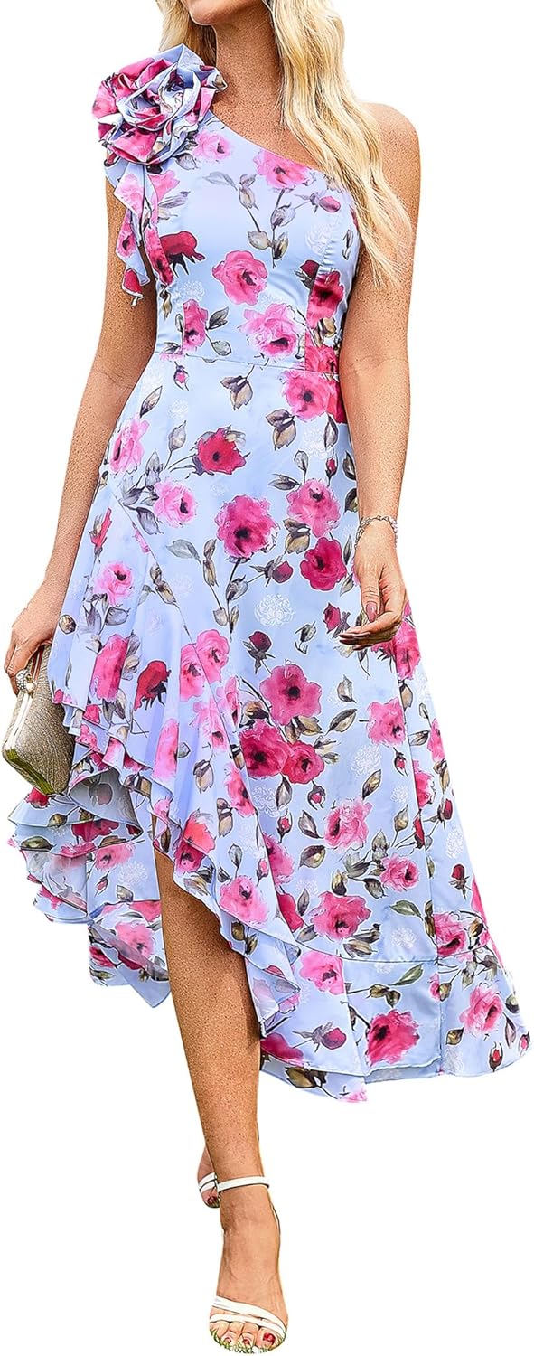 GRACE KARIN Womens Summer One Shoulder Sleeveless Dresses Floral Flowy Ruffle High Low Wedding Guest Maxi Sundresses - Image 14
