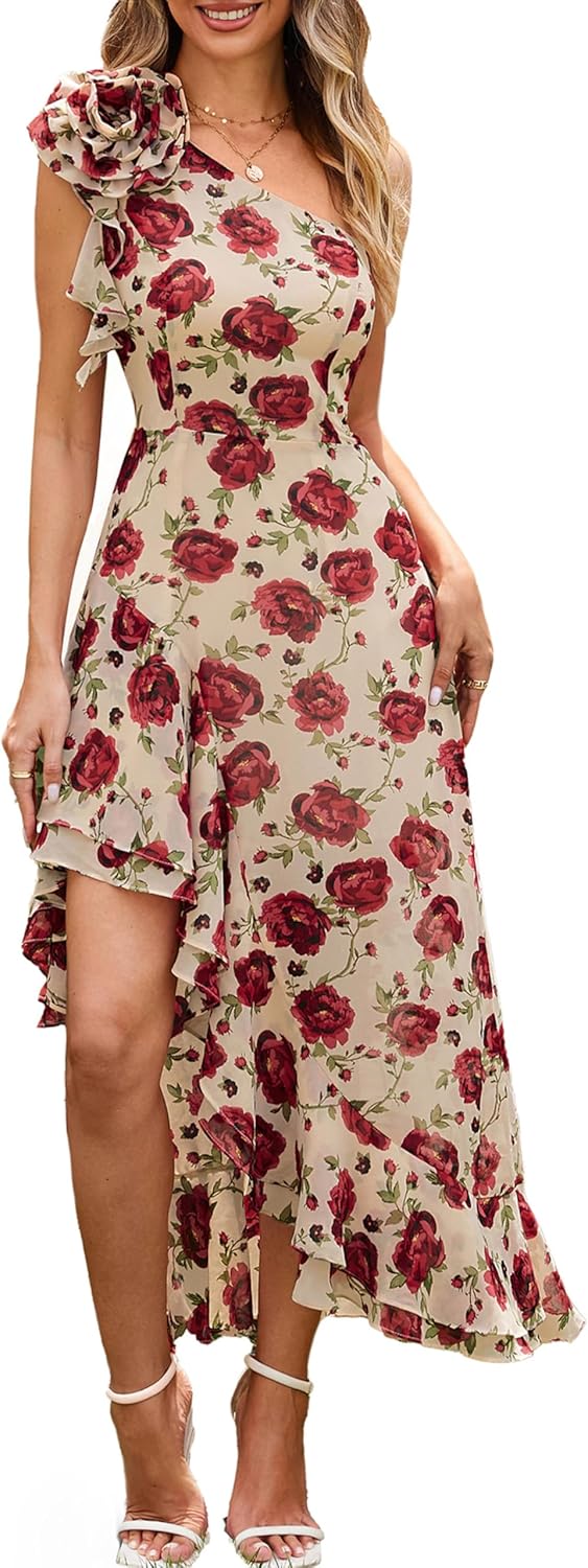 GRACE KARIN Womens Summer One Shoulder Sleeveless Dresses Floral Flowy Ruffle High Low Wedding Guest Maxi Sundresses - Image 20