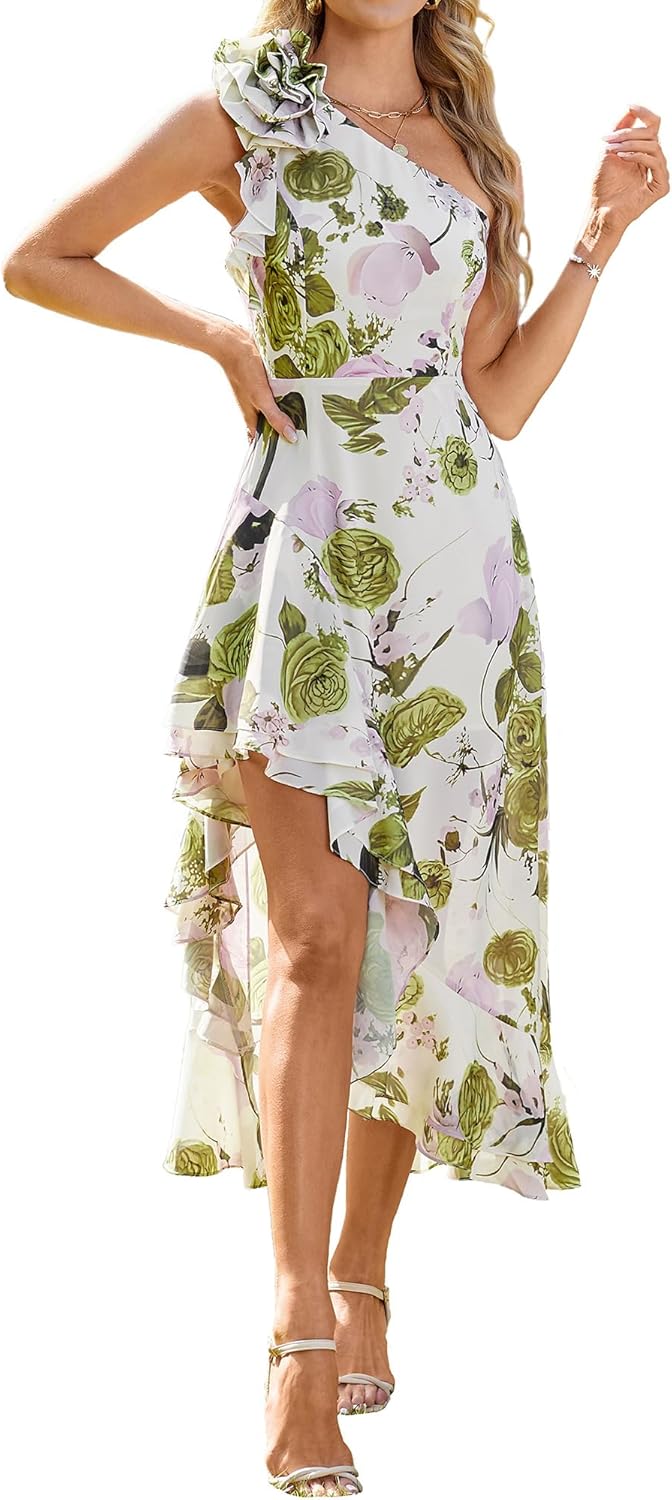 GRACE KARIN Womens Summer One Shoulder Sleeveless Dresses Floral Flowy Ruffle High Low Wedding Guest Maxi Sundresses - Image 16