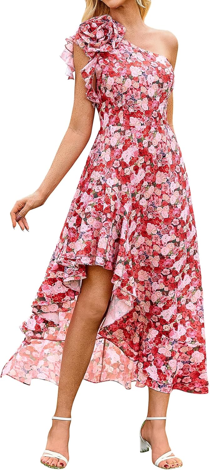 GRACE KARIN Womens Summer One Shoulder Sleeveless Dresses Floral Flowy Ruffle High Low Wedding Guest Maxi Sundresses - Image 9