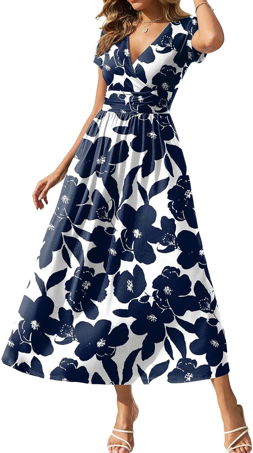 Gracyoga Women's Summer Dresses 2025 Short Sleeve Maxi Dress Casual V Neck Flowy Sundress with Pockets