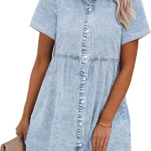 GRAPENT Denim Dress for Women Babydoll Tiered Short Sleeve Button Down Jean Shirt Dresses