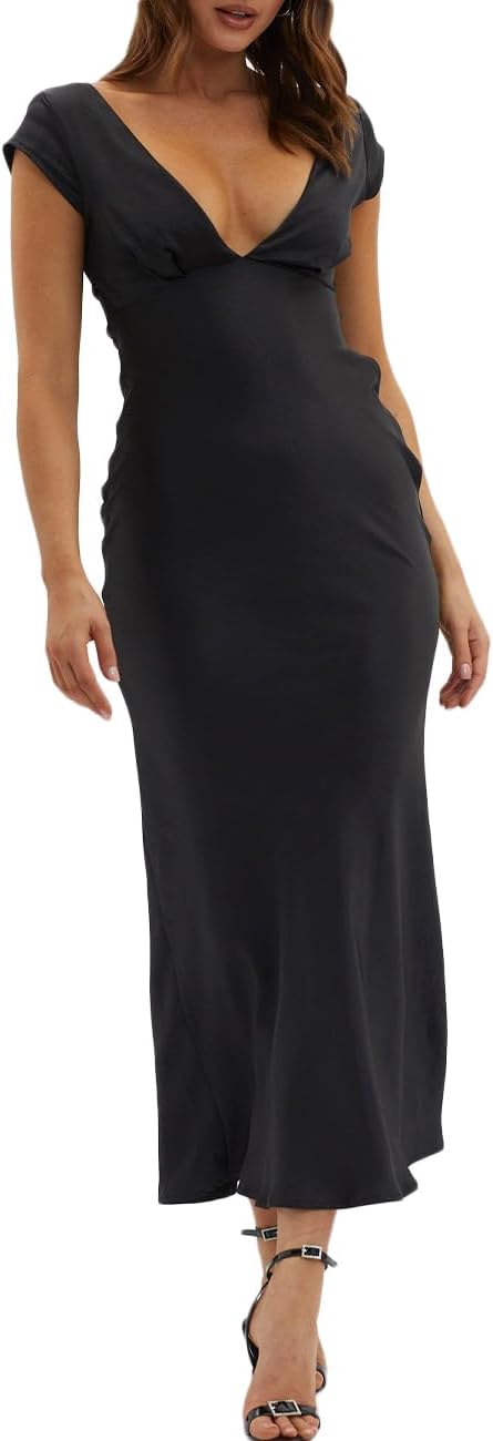Halfisland Womens Summer Satin V Neck Cap Sleeve Backless Maxi Dress Elegant Twist Cut Out Midi Dresses Wedding Guest - Image 14
