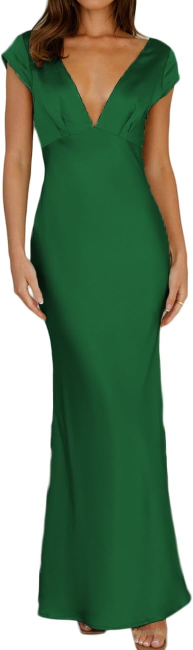 Halfisland Womens Summer Satin V Neck Cap Sleeve Backless Maxi Dress Elegant Twist Cut Out Midi Dresses Wedding Guest
