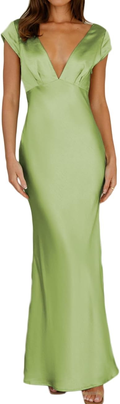 Halfisland Womens Summer Satin V Neck Cap Sleeve Backless Maxi Dress Elegant Twist Cut Out Midi Dresses Wedding Guest - Image 12