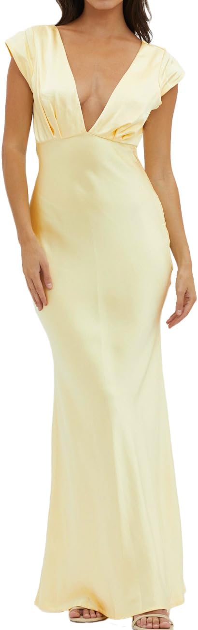 Halfisland Womens Summer Satin V Neck Cap Sleeve Backless Maxi Dress Elegant Twist Cut Out Midi Dresses Wedding Guest - Image 9