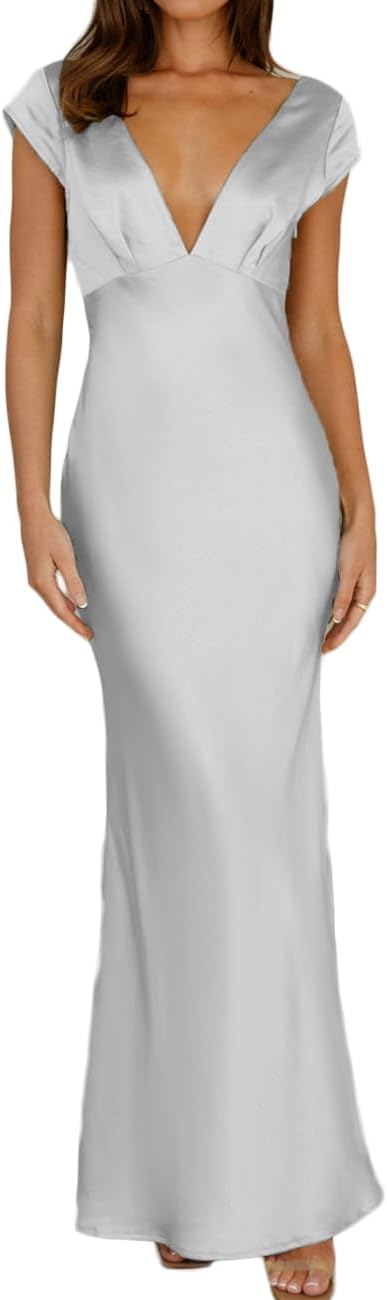 Halfisland Womens Summer Satin V Neck Cap Sleeve Backless Maxi Dress Elegant Twist Cut Out Midi Dresses Wedding Guest - Image 8