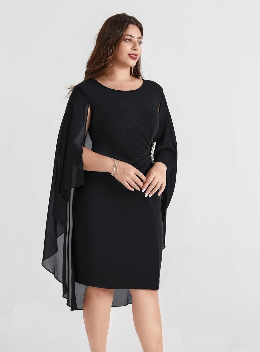 Hanna Nikole Womens Plus Size Chiffon Cape Dress Crew Neck Wedding Guest Dresses Ruched Bodycon Cocktail Pencil Dress - Image 8
